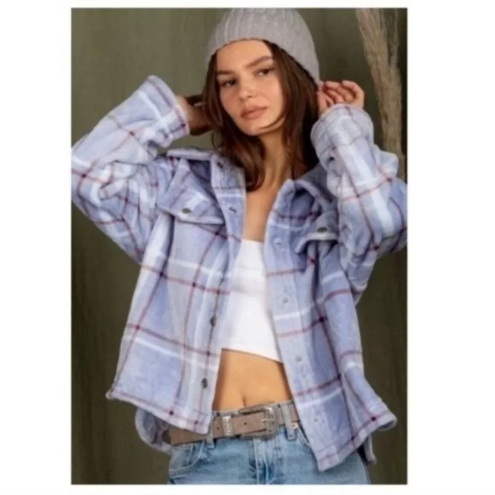 ✨CASUAL COZY FUZZY PLAID SHIRT- JACKET-SHACKET- Hi-Low--NEW - Picture 4 of 5